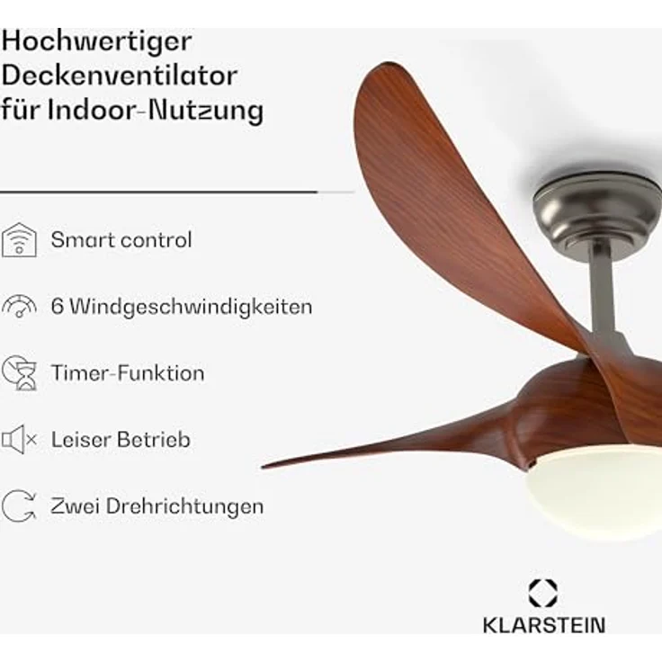 Klarstein Monteverde Deckenventilator mit Beleuchtung und Fernbedienung, Smart App-Steuerung, dimmbares Licht, 6 Geschwindigkeiten, Sommer- & Wintermodus, 132cm, Walnuss – Bild 2