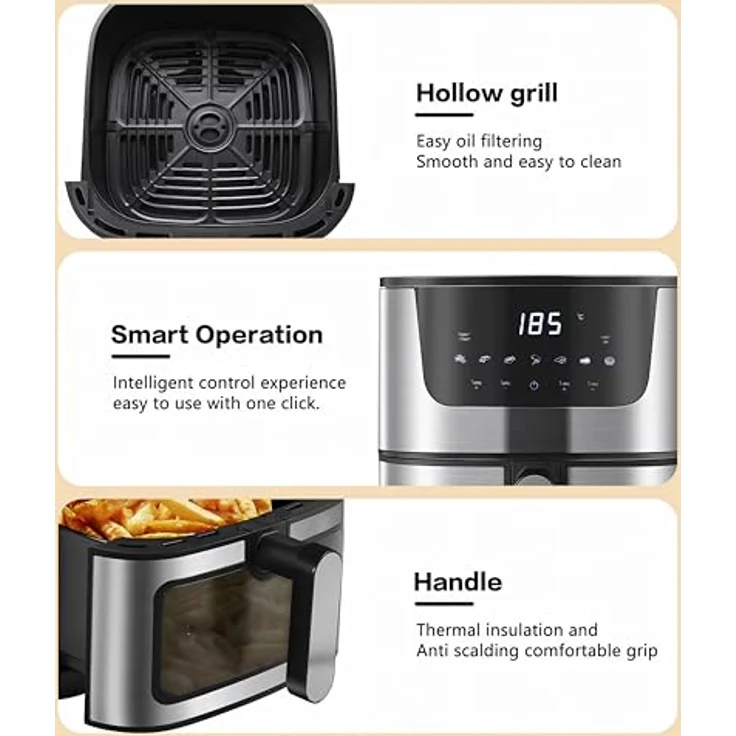 Retoo Heißluftfritteuse 5.5L 1500W 7 Programmen Friteuse Heissluft, max 200°C, Air Fryer bis zu 90% weniger Fett, Touchpad, Fritteuse ohne Öl, Diät und Digital, Edelstahl-Finish Schwarz – Bild 3
