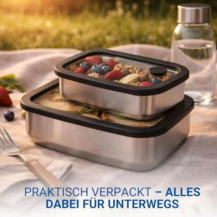 elasto Edelstahl Lunchbox RILO, Brotdose mit Glasdeckel, 550 ml, auslaufsicher, silber/blau, für Kinder & Erwachsene – Bild 6