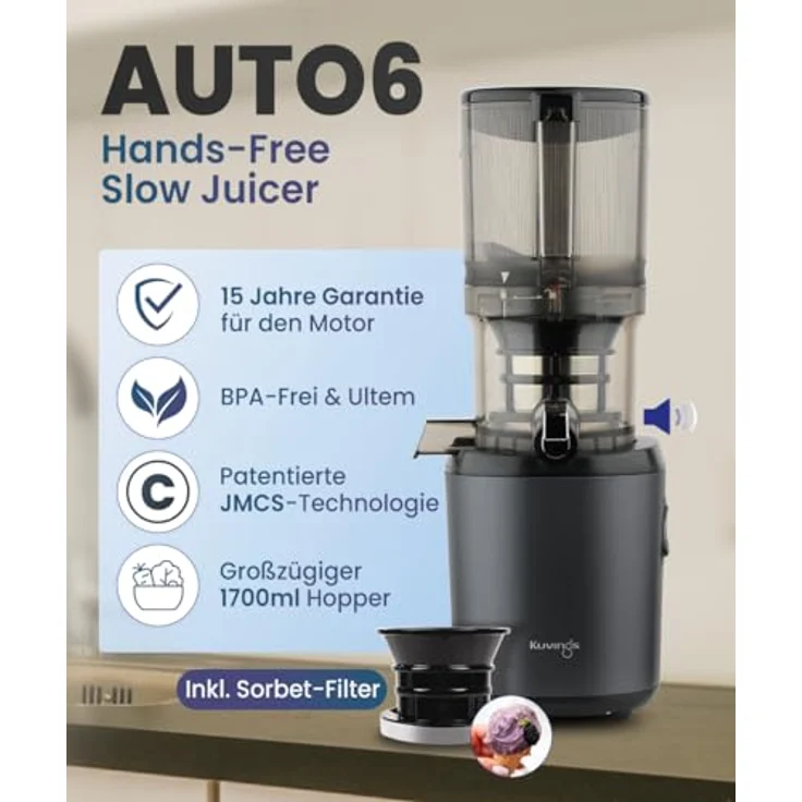 Kuvings Slow Juicer AUTO6, Entsafter für Gemüse und Obst, Elektrische Kaltpresse, 1.7L, Leicht zu Reinigen, Ruhiger Motor, Matt Gunmetal, 200 Watt – Bild 2