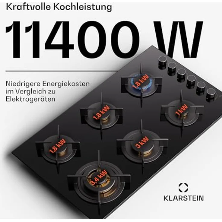 Klarstein Gas-Kochfeld CP11-Goldfl-6BK-S.C, Einbau-Gaskocher 6 Zonen Glaskeramik - Edelstahl-Gaskocher, Snapjet-Brenner, LPG Gas Herd, 12200 Watt - Goldflame – Bild 3