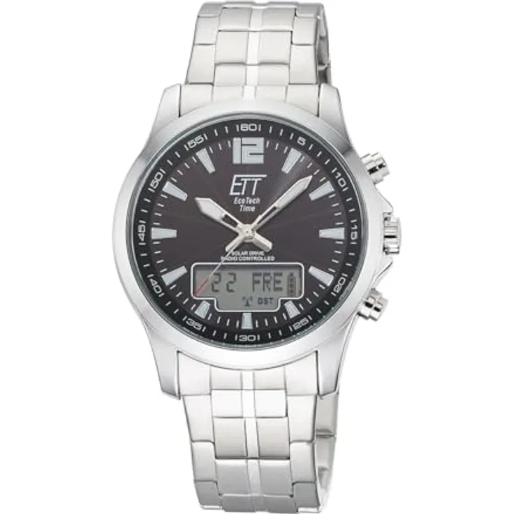 ETT Eco Tech Time EGA-11715-21M, Funk Solar Herren Uhr mit analogem Zifferblatt, digitalem Datum, Edelstahlarmband, wasserdicht bis 5 Bar, schwarz-silber