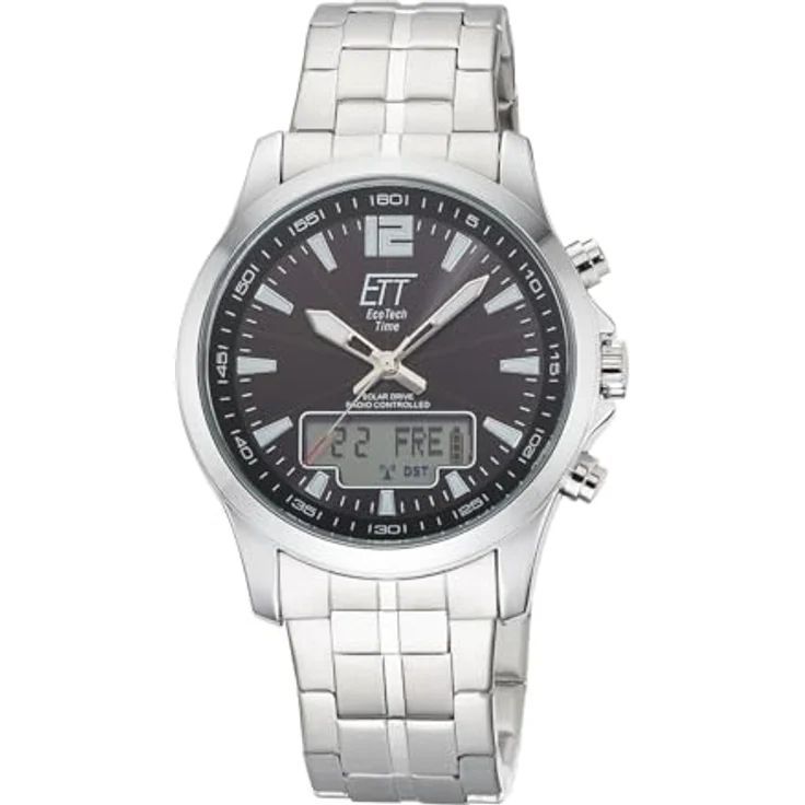 ETT Eco Tech Time EGA-11715-21M, Funk Solar Herren Uhr mit analogem Zifferblatt, digitalem Datum, Edelstahlarmband, wasserdicht bis 5 Bar, schwarz-silber – Bild 1