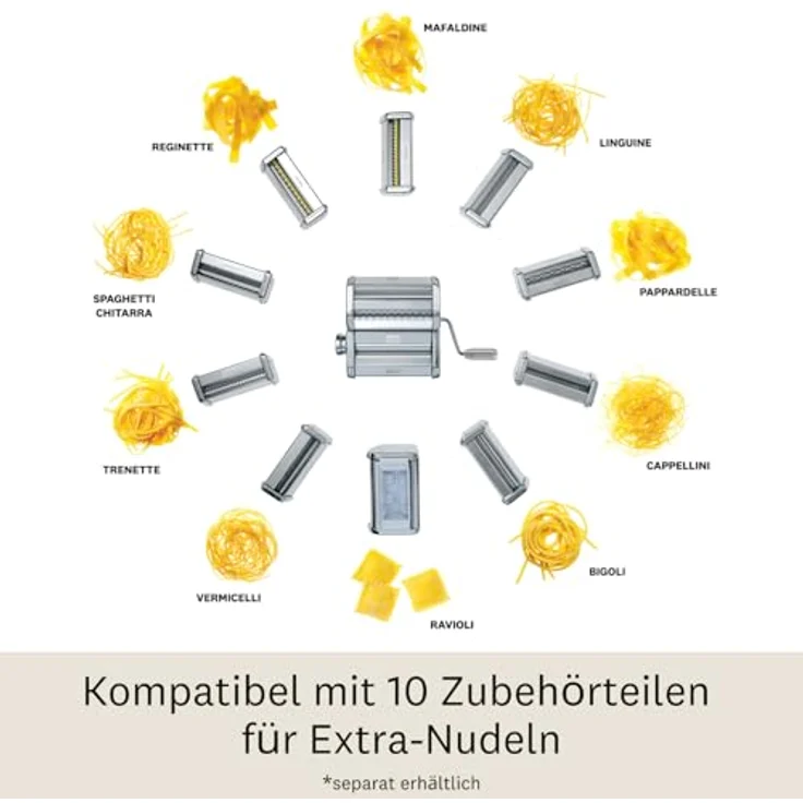 Marcato Atlas+ Nudelmaschine, 4-in-1 Pasta Maker für Lasagne, Fettuccine, Tagliolini und Spaghetti, eloxiertes Aluminium, hergestellt in Italien, kompatibel mit zusätzlichem Zubehör – Bild 5
