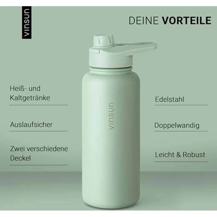 VINSUN Edelstahl Trinkflasche grün 1L, auslaufsicher, kohlensäuregeeignet, BPA-frei, mit Strohhalm und Trinköffnung, Thermoflasche für Sport, Schule und Camping – Bild 4