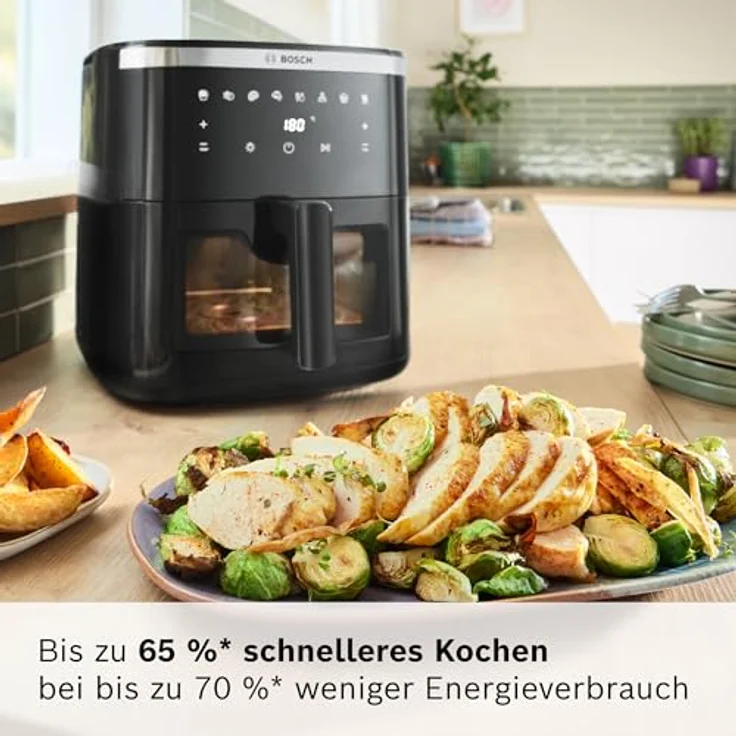 Bosch Heißluftfritteuse Serie 6 MAF671B0, XXL Air Fryer mit 7,2 L Fassungsvermögen, 7 voreingestellten Programmen, beleuchtetem Sichtfenster, bis zu 65% schnellerem Kochen, Schwarz – Bild 3