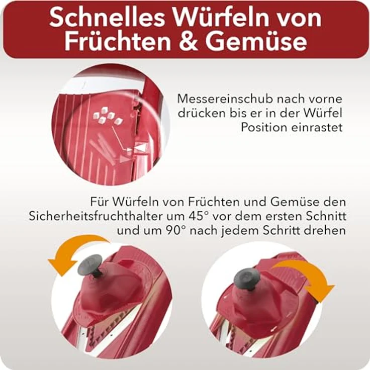 Börner V5 PowerLine Gemüsehobel Starter Set (6-tlg.) • Gemüseschneider (V-Hobel) für Obst & Gemüse + Fruchthalter + Einschübe mit Box • 4 Schnittstärken • Küchenhobel-Set (Rot) – Bild 5