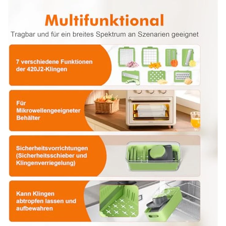 Ibergrif M524-7 Gemüseschneider, Mandoline 7 in 1 Multifunktion mit 1300 ml Behälter, BPA-frei, spülmaschinenwaschbar – Bild 2