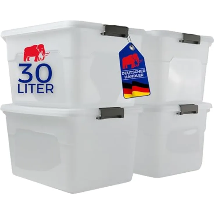 PROREGAL Aufbewahrungsbox 30L, transparentes Kunststoff-Set mit Deckel und Verschlussclips, stapelbar, 4er Set für Küche, Büro, Keller