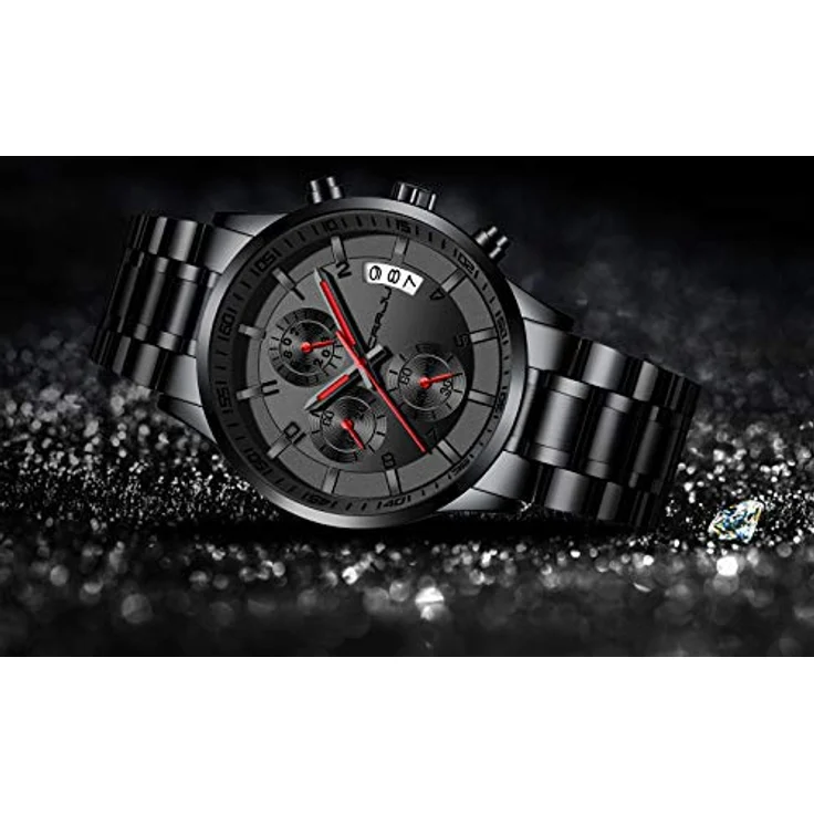 CRRJU Herren Chronograph Armbanduhr, wasserdichte Edelstahlarmbanduhr mit Kalender, analoges Japanisches Quarzwerk, Schwarz Rot – Bild 2