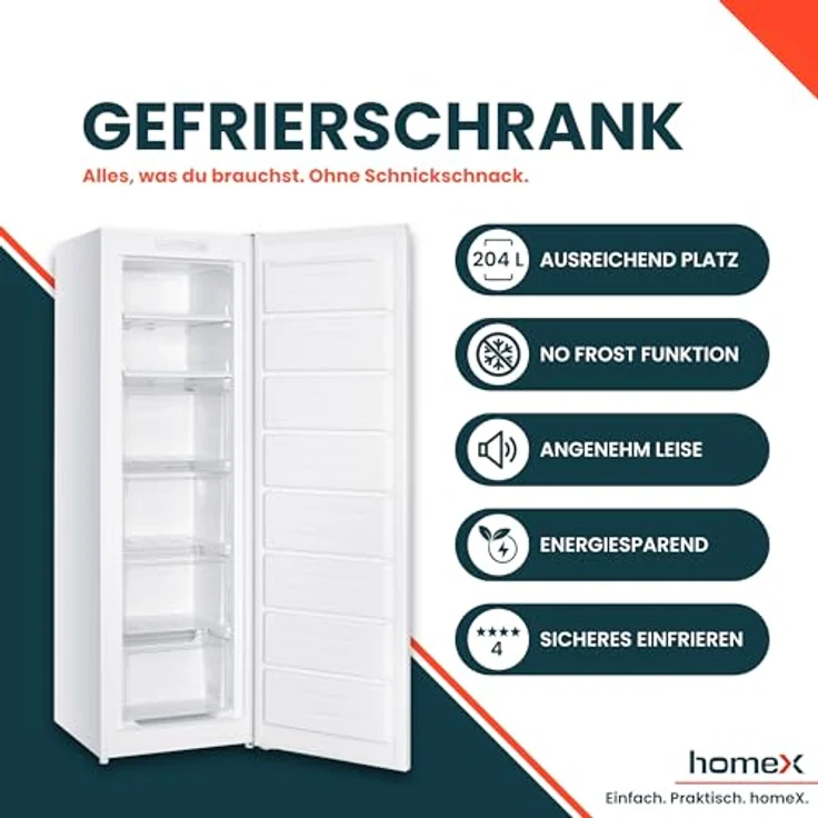 homeX FSN2041E-W Gefrierschrank No Frost, 204L mit Super-Frost-Funktion, 4 Sterne Gefrierleistung, weiß – Bild 2