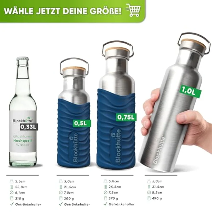 Blockhütte Edelstahl Trinkflasche 750ml, Isolierflasche für Kinder und Erwachsene, Kohlensäure geeignet, Auslaufsicher, BPA-Frei mit Silikonmantel, langlebig und spülmaschinengeeignet – Bild 2