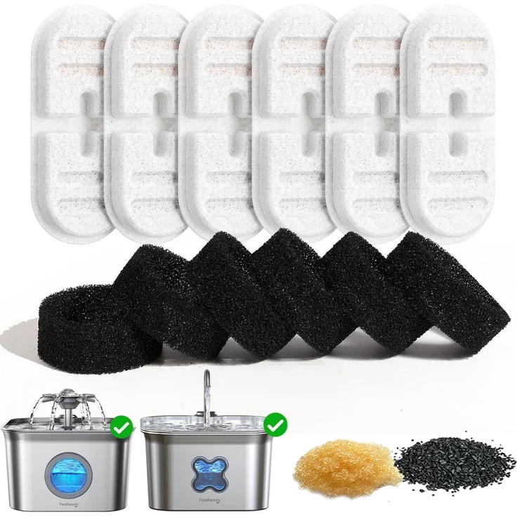 FEELNEEDY Ersatzfilter & Schwämme für Katzenbrunnen FN-W22, 6er Set Filter und 6er Set Schwämme, 4-Schichten-Filtersystem für sauberes Wasser