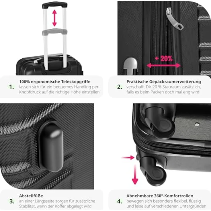 tectake 4 TLG Reisekoffer Set, Hartschalenkoffer Set, Trolley Kofferset, ABS Hartschalen Reisekofferset, Reisetasche, Trolley, Gepäck, Koffer Set, 4 Rollen, 360 Grad drehbar, Teleskopgriff - schwarz – Bild 3
