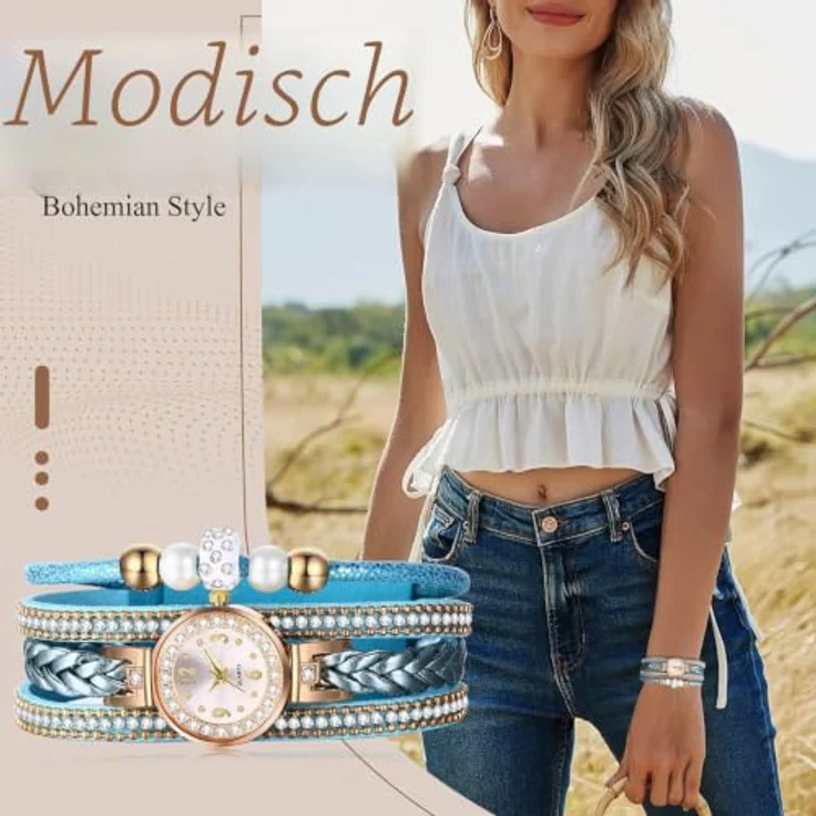 JewelryWe Vintage Damen Armbanduhr, Analog Quarz mit blauem Glitzer Strass, geflochtenem Lederarmband und Kugel Perlenarmband, 10m wasserdicht – Bild 5