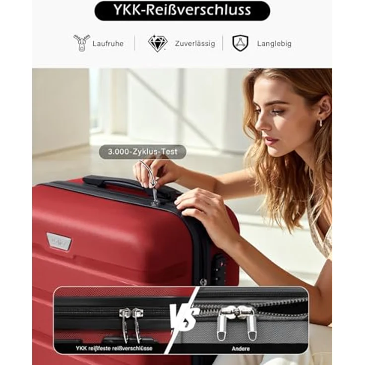 COOLIFE 2-Teiliges Kofferset, Hartschale aus PC+ABS, leicht und robust, 360° Spinner Räder, YKK Reißverschluss, TSA Zahlenschloss, rot – Bild 4