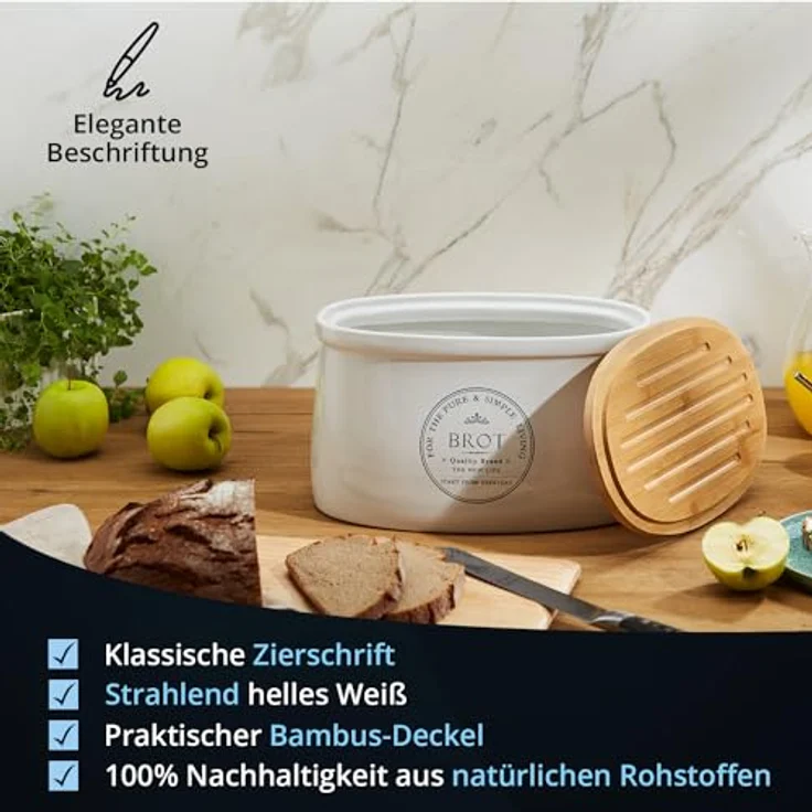 KHG Brotkasten Weiß Keramik Steingut Holzdeckel Bambus, Aufbewahrung Brot oval, Deckel als Schneidebrett, glänzend glasiert mit Emaille, Lüftungslöcher, Landhaus Vintage Stil, beschriftet – Bild 2