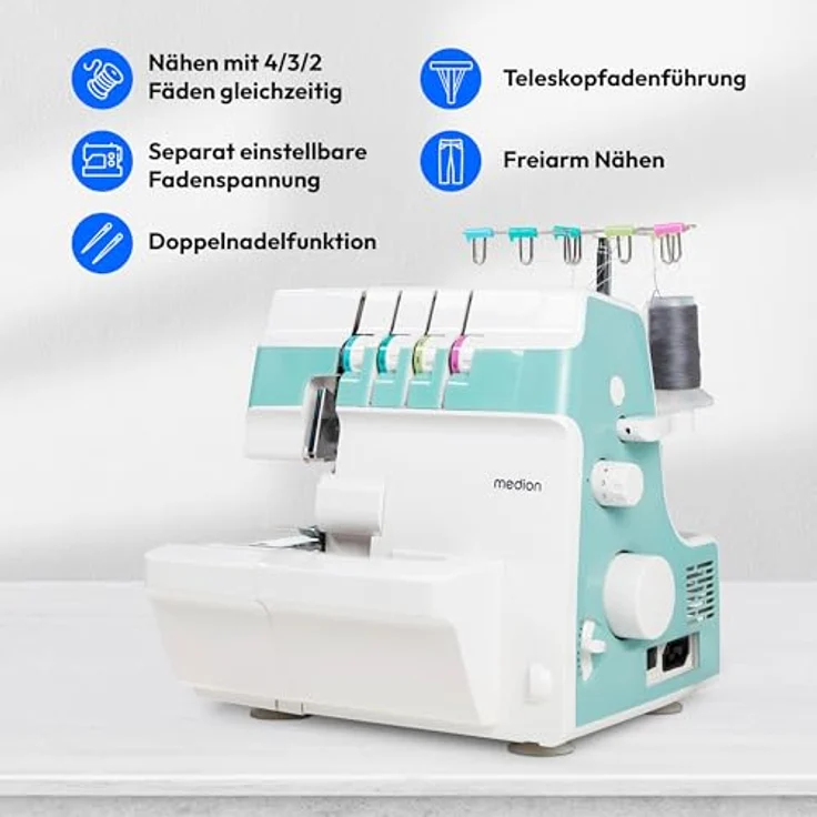 Medion® Overlock-Nähmaschine MD 19169, Teleskopfadenführung, 4 Fäden gleichzeitig, Nähen mit 2 Nadeln, Einstellbare Fadenspannung – Bild 2