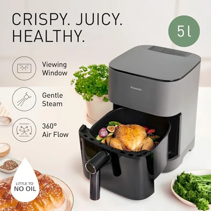 Panasonic NF-CC500SXE Air Fryer mit Sichtfenster, 5 l, 80–200 °C, digitaler Timer & LCD-Display, sanfte Dampfzugabe, 11 Voreinstellungen, einfache Reinigung, Mattgrau – Bild 2