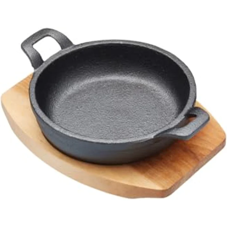 Artesà Miniatur Gusseisentopf mit Holzbrett, induktionsfähig, rund, für Tapas und Gratins, schwarz (6,4 x 4,9") – Bild 1