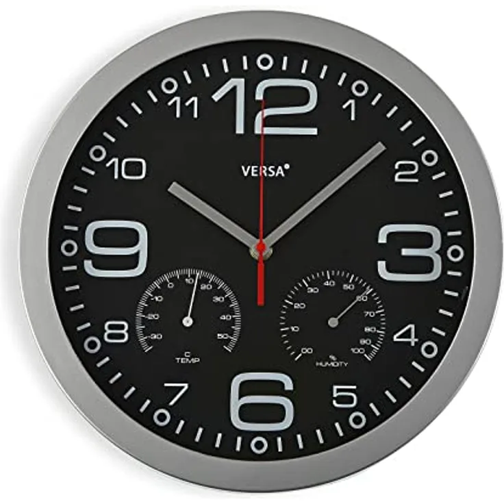 Versa Pamuk Wanduhr - Leiser und dekorativer, für die Küche oder das Wohnzimmer mit Hygrometer und Thermometer, Maßnahmen (H x L x B) 30 x 4,1 x 30 cm, Aluminium und Glas, Farbe: Silber und Schwarz
