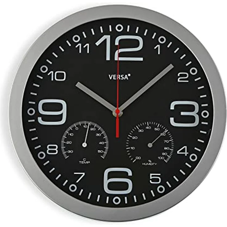 Versa Pamuk Wanduhr - Leiser und dekorativer, für die Küche oder das Wohnzimmer mit Hygrometer und Thermometer, Maßnahmen (H x L x B) 30 x 4,1 x 30 cm, Aluminium und Glas, Farbe: Silber und Schwarz – Bild 1