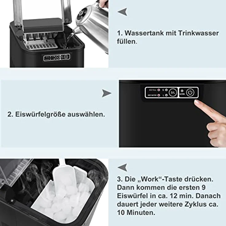 Eiswürfelmaschine mit 2 Eiswürfelgrößen 2,2 Liter 120W ABS : schwarz – Bild 6
