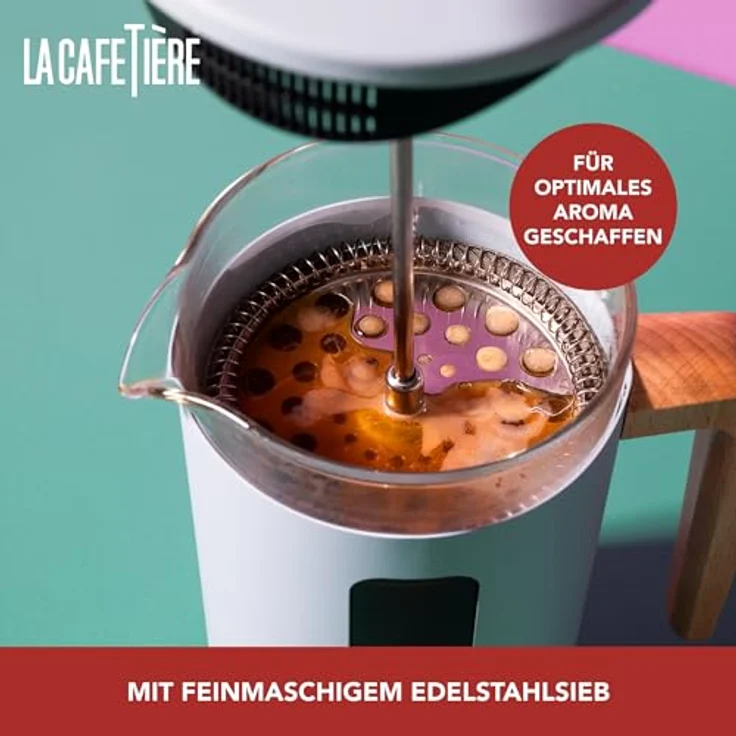 La Cafetière Pisa Kaffeebereiter, 8 Tassen, himmelblau, langlebiger Edelstahl-Kolben, hitzebeständige französische Presse mit Naturholzgriff, 1 l – Bild 5
