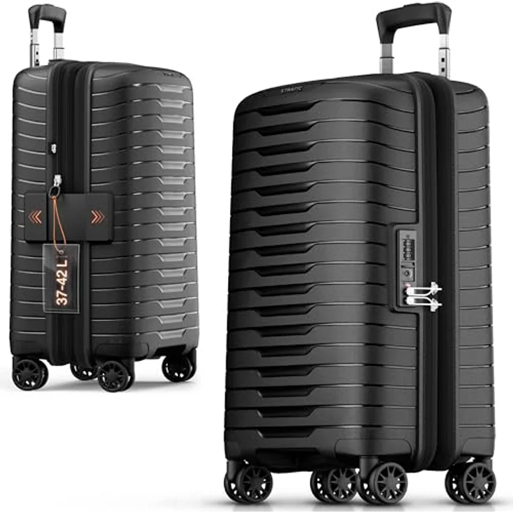 Stratic Novium Kabinentrolley S 55 cm, 4 Rollen mit Dehnfalte, schwarz, 100% Polypropylen – Bild 1