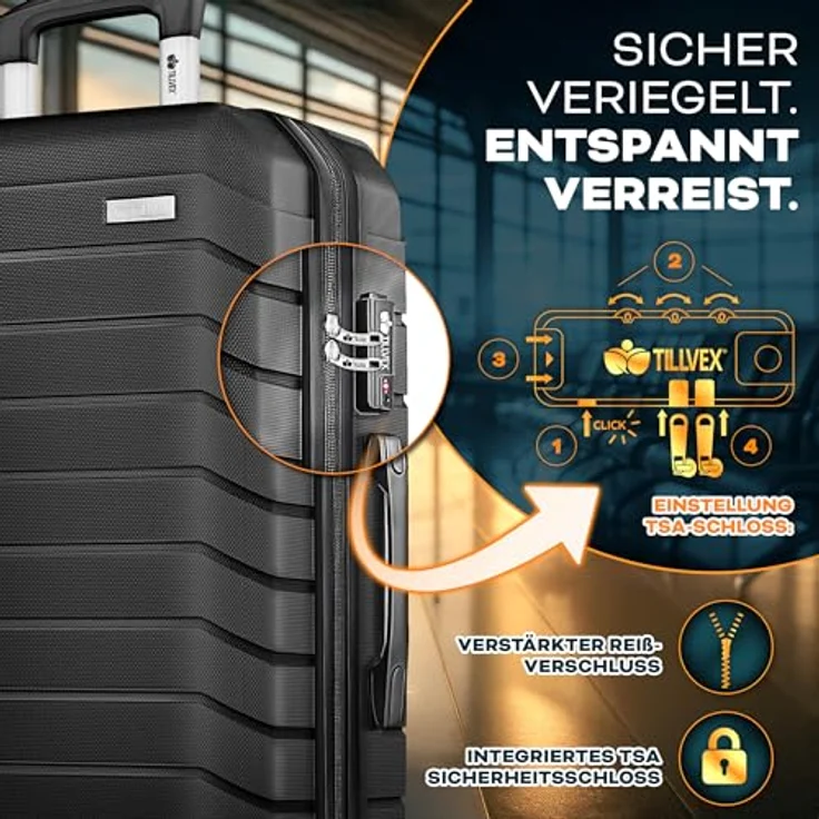 tillvex® Reisekoffer Set 3-TLG. Hartschalenkoffer mit 4 Rollen, TSA Schloss, inkl. Gepäckwaage, 6 Koffergurte & 3 Kofferanhänger, Schwarz, Größen S-M-L-XL – Bild 4