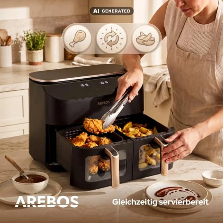 Arebos Heißluftfritteuse AR-HE-DPH10, 2450 W, 10 L, 2 Garzonen mit SYNC- & MATCH-Funktion, 2 Sichtfenster, Schwarz/Roségold – Bild 4