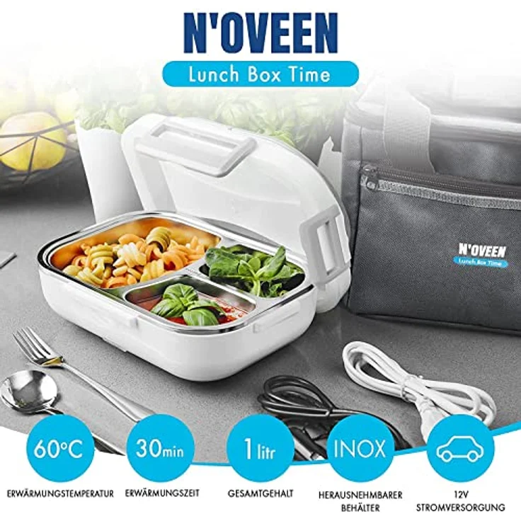 N'OVEEN Elektrische Lunchbox LB520 Speisenwärmer, Thermo Lunchbox Heizplatte mit 1 Liter Fassungsvermögen – 230V + 12V (Auto) - Food Box Warmhalteplatte bis 60°C Wärmedämmbeutel enthalten – Bild 5