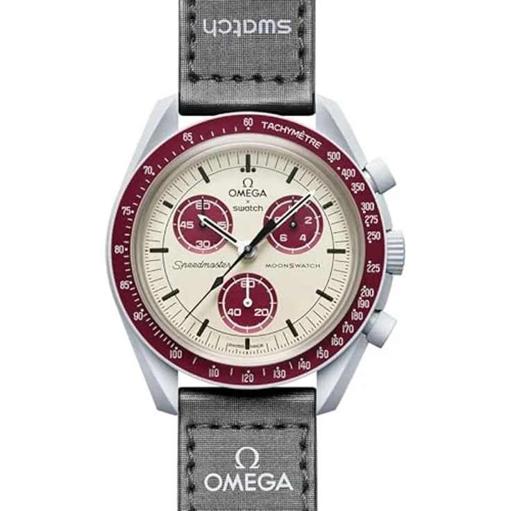 Swatch Chronograph Swatch x Omega Bioceramic Moonswatch Mission to Pluto, Grau mit Bordeaux-Tönen, Super-LumiNova® Ausstattung - Preisvergleich – Bild 2