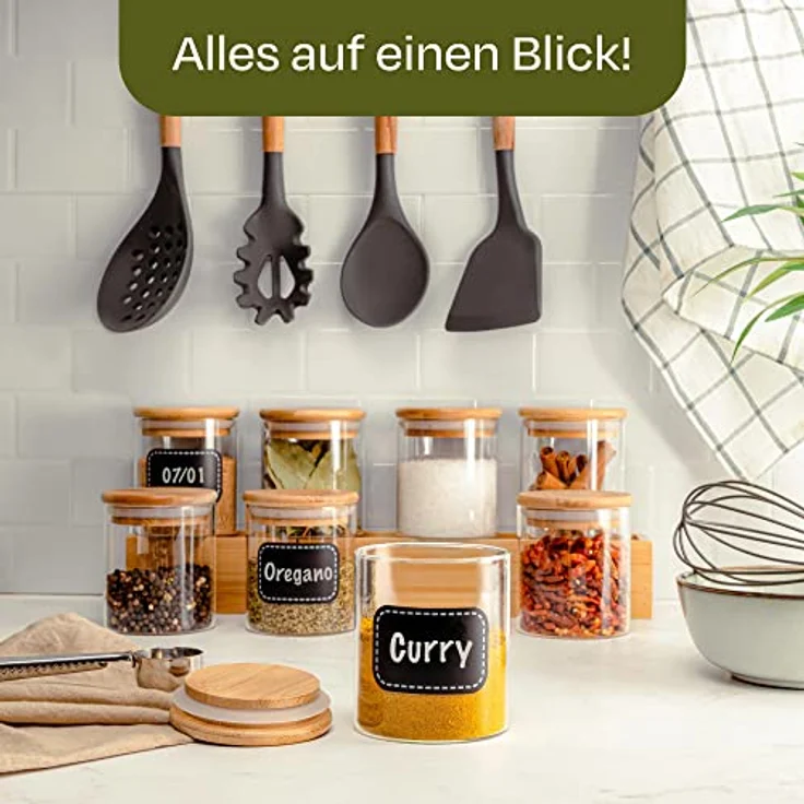 Niboline Gewürzbehälter 8er Set 250ml mit Etiketten und Stift - Luftdicht - Spülmaschinenfest - Transparent - Gewürzgläser für Gewürze und Kräuter – Bild 4