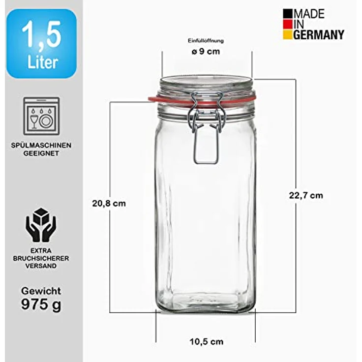 BigDean Einmachglas 12er Set, Vorratsgläser 1,5L mit Deckel & Bügelverschluss, transparent, Made in Germany – Bild 3