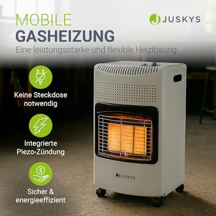 Juskys Keramik Gasheizung GS42US, mobile Infrarot Gasheizung in Weiß mit 4200 W, Druckregler & Schlauch, effizient & energiesparend, geeignet für Balkon und Terrasse – Bild 2
