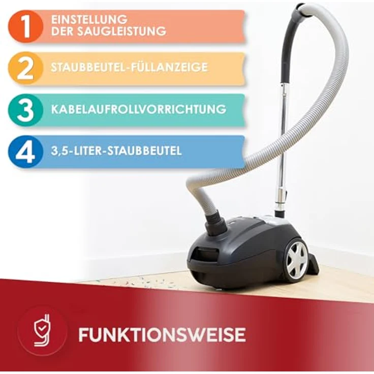 MPM Staubsauger mit Beutel MOD-54, 850 W, HEPA 13 Filter, 5 Düsen, 3,5L Staubbeutel, Teleskoprohr, ideal für Teppiche und Hartböden – Bild 2