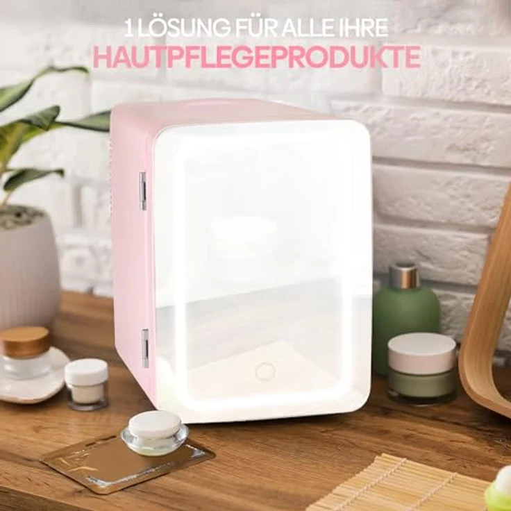 Olvy Kosmetik Kühlschrank 4 Liter, Tragbarer Mini Kühlschrank mit LED Spiegel, Kühl und Heiß, Rosa – Bild 3