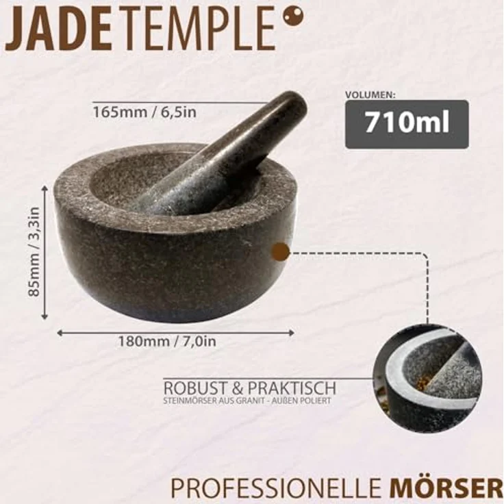 JADE TEMPLE Steinmörser mit Stößel im Set, effektives und einfaches mörsern, aus massivem Granit mit 18 cm Durchmesser und 8,5 cm Höhe – Bild 4