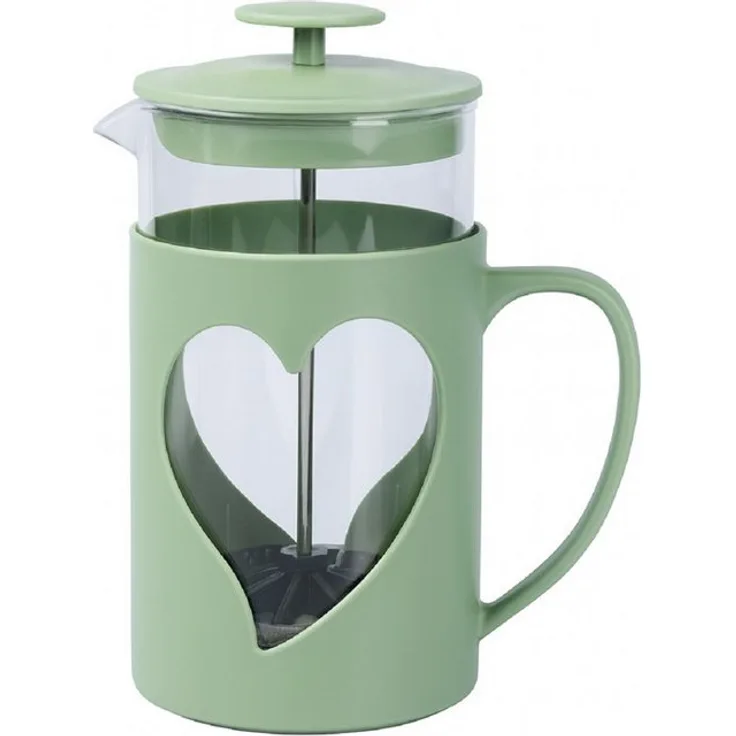 genialo French Press Kanne, manuelle Kaffeepresse aus Glas mit Metallfilter und Kunststoffgehäuse, dekoratives Design mit Herzfenster