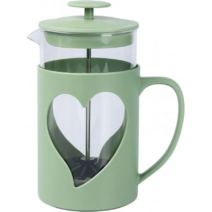 genialo French Press Kanne, manuelle Kaffeepresse aus Glas mit Metallfilter und Kunststoffgehäuse, dekoratives Design mit Herzfenster