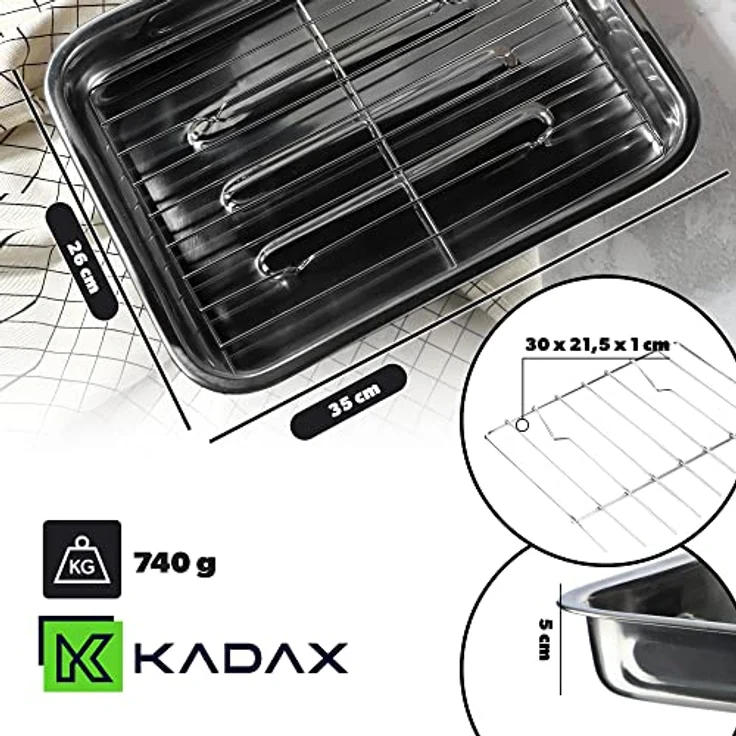 KADAX Bräter mit Rost, rechteckige Ofenform 35 x 26 cm aus Edelstahl für Fleisch, Geflügel, Fisch & Gemüse, Bratpfanne geeignet für Backofen – Bild 2