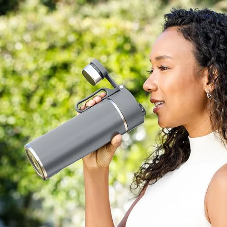 Ninja Thirsti Wasserflasche/Thermobecher to go, 700ml, Dreifach isolierter Travel Mug, Auslaufsicher, für kohlensäurehaltige, heiße & kalte Getränke, Grau – Bild 5