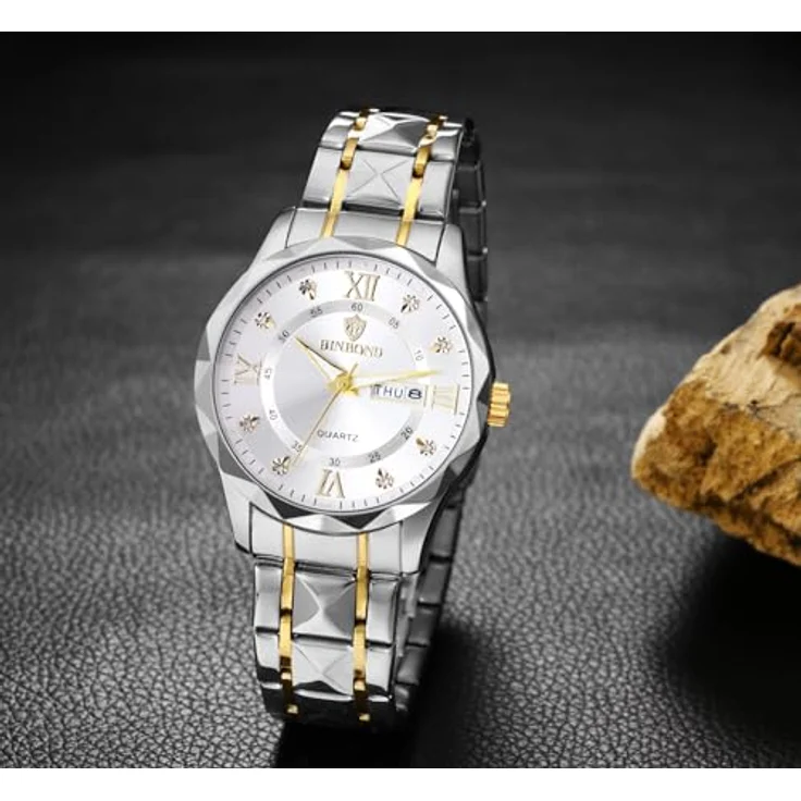 JewelryWe Herrenuhr Edelstahl Analog Quarz, leuchtend, 30m wasserdicht, Kalender, Gold/Silber Edelstahlarmband, römische Ziffern, Diamantskala – Bild 2