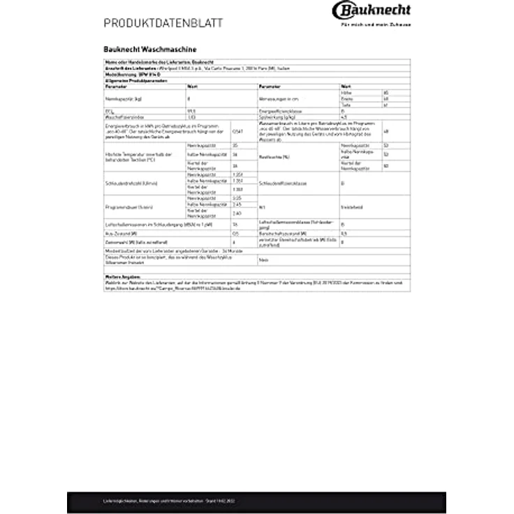 Bauknecht BPW 814 B, Frontlader-Waschmaschine, D, Fassungsvermögen 8 kg, Standgerät, Breite 60 cm – Bild 7