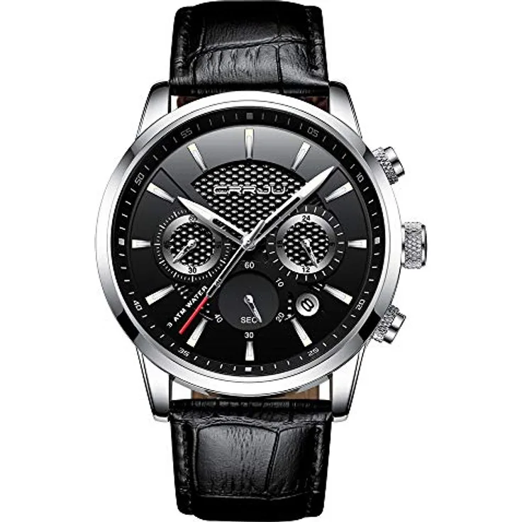 CRRJU Chronograph Herren Armbanduhr Analog Quarz, wasserdicht mit Lederarmband und Datumsanzeige, Schwarz
