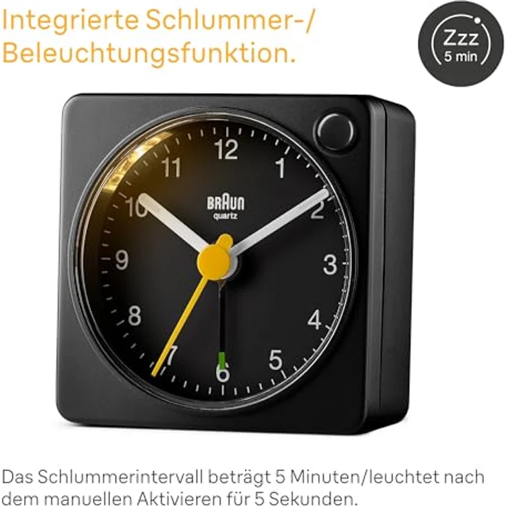 Braun BC02XB, analoger Reisewecker mit Schlummerfunktion und Licht, kompaktes Design, ruhiges Quarzuhrwerk, Crescendo-Alarm, schwarz – Bild 3
