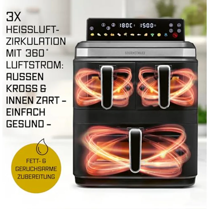 GOURMETmaxx FryUp3, Vertikale Heißluft-Fritteuse mit 3000W, 17l, 3 Frittierkammern und Sichtfenster, schwarz/Edelstahl – Bild 8