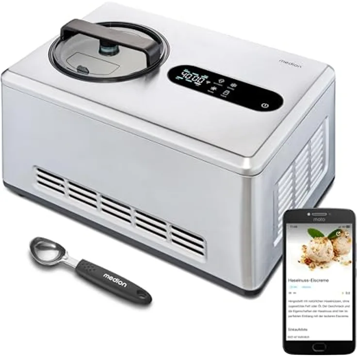 MEDION Smarte Eismaschine mit Kompressor MD12170, selbstkühlend, App Steuerung inkl. Eis-Rezepte, LED Display, 2 Liter, Joghurt Eiscreme, edelstahl