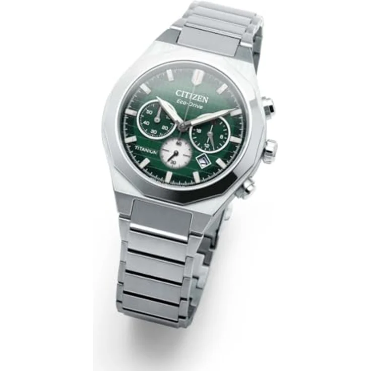 Citizen CA4691-59X Zenshin Senkei Eco-Drive Solar Chronograph, silberfarbenes Super-Titanium Gehäuse, grünes Zifferblatt, Gliederband, 10 ATM wassergeschützt – Bild 4